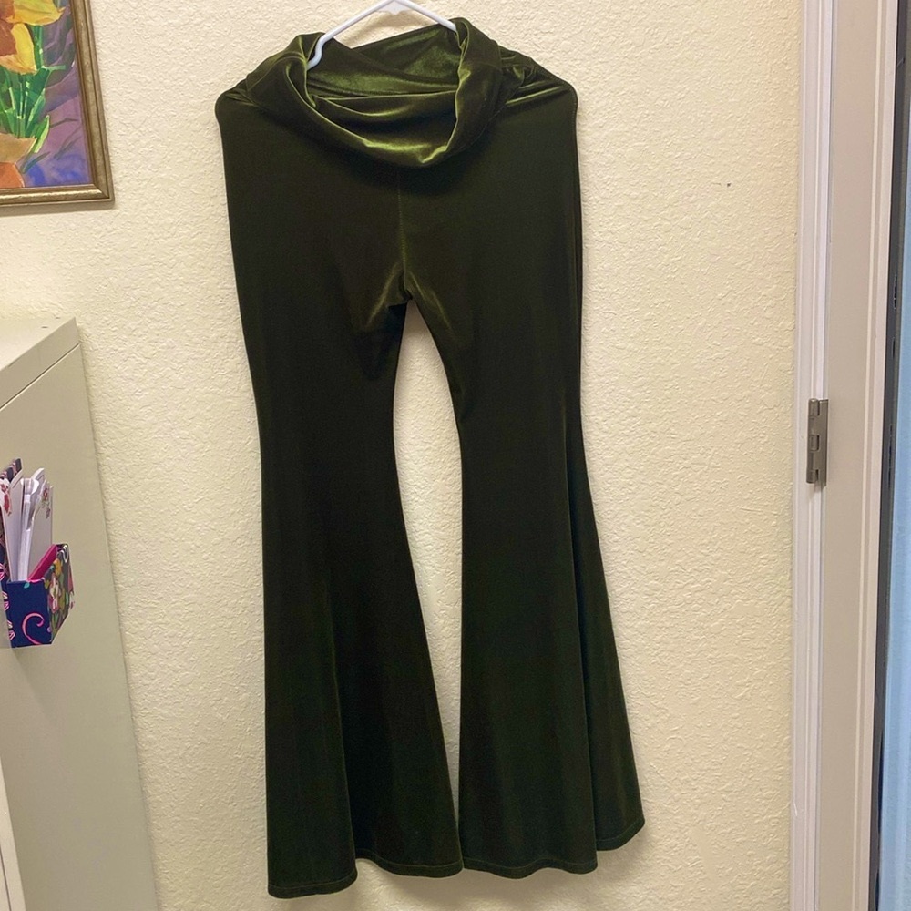 Olive Green Velvet Flare Pants